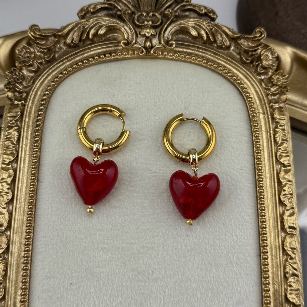 Gold Hoop Earrings with Red Heart Charm – Romantic & Playful - Picture 4 of 12